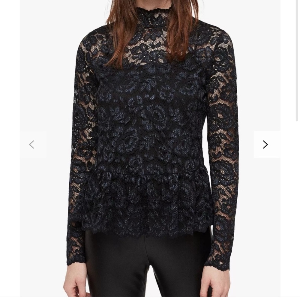AllSaints Navy and Black Lace Mockneck Blouse Size 6